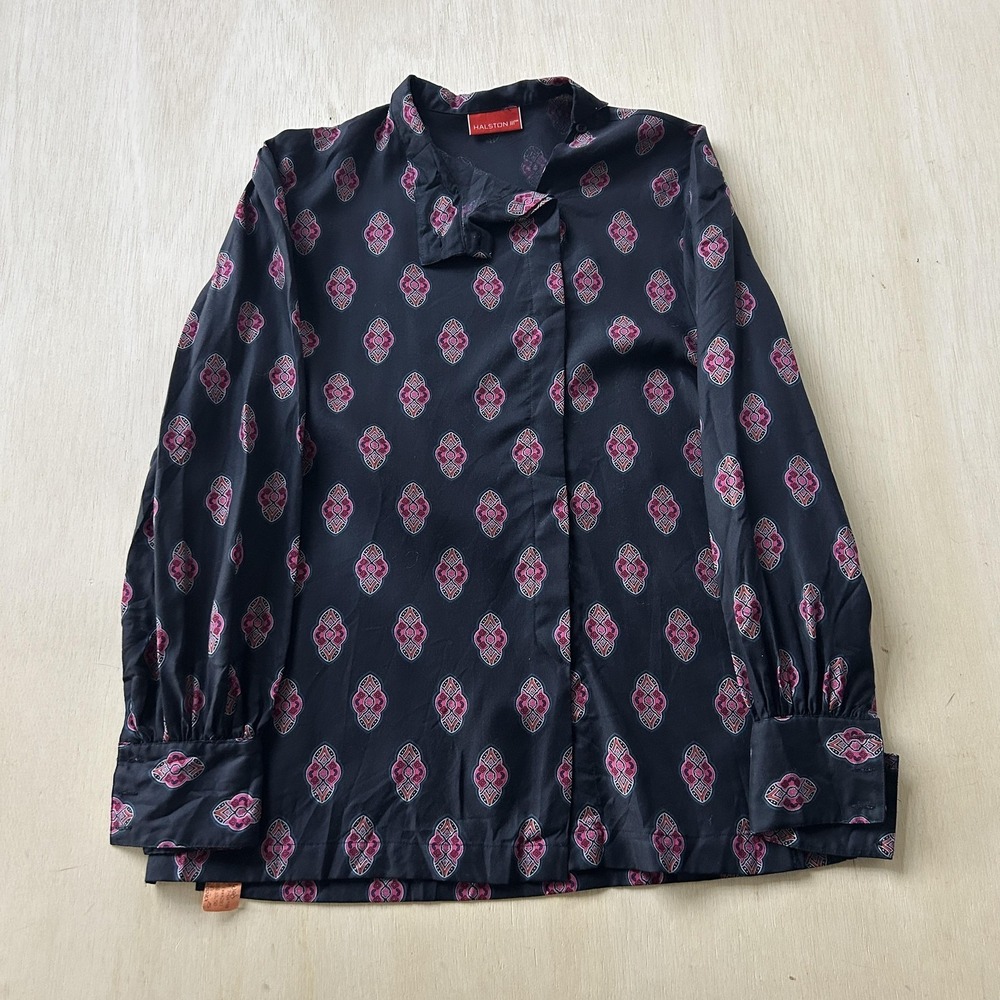 Vintage Halston III Blouse Womens Medium Black Geometric Long Sleeve Button Up